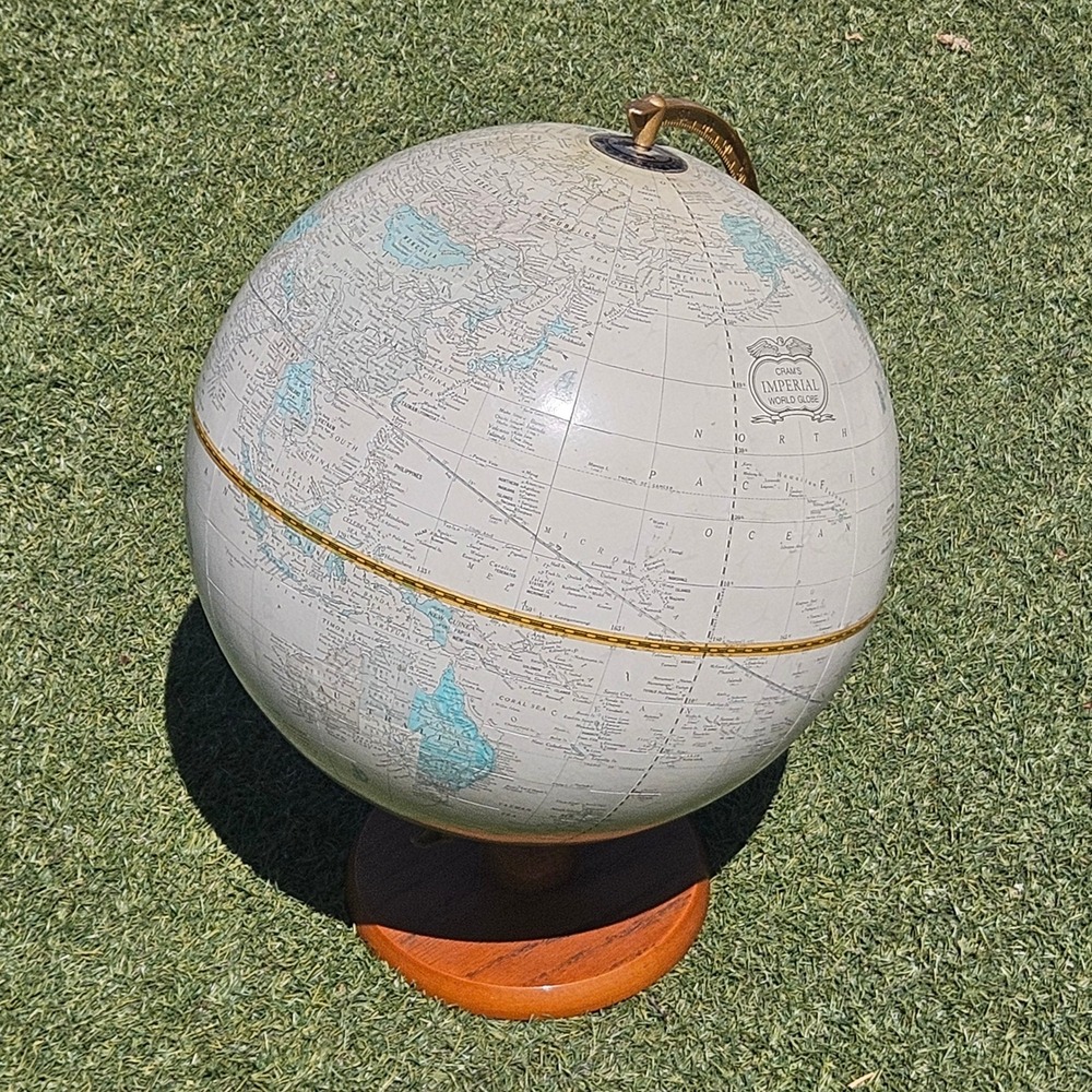 Crams Imperial World Globe Vintage Cream Map Wood Base Brass Meridian USA - Picture 2 of 8